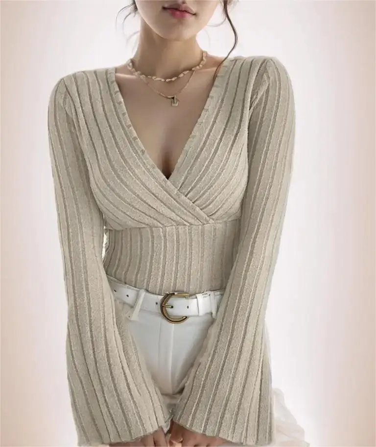 Tops Ajustados A Rayas Con Cuello En V Para Mujer De Manga Larga