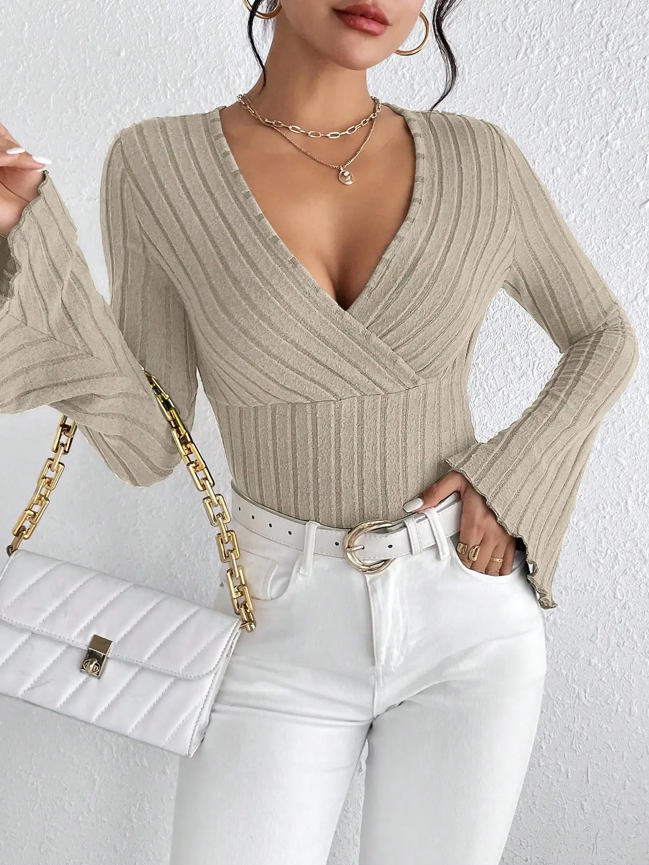 Tops Ajustados A Rayas Con Cuello En V Para Mujer De Manga Larga