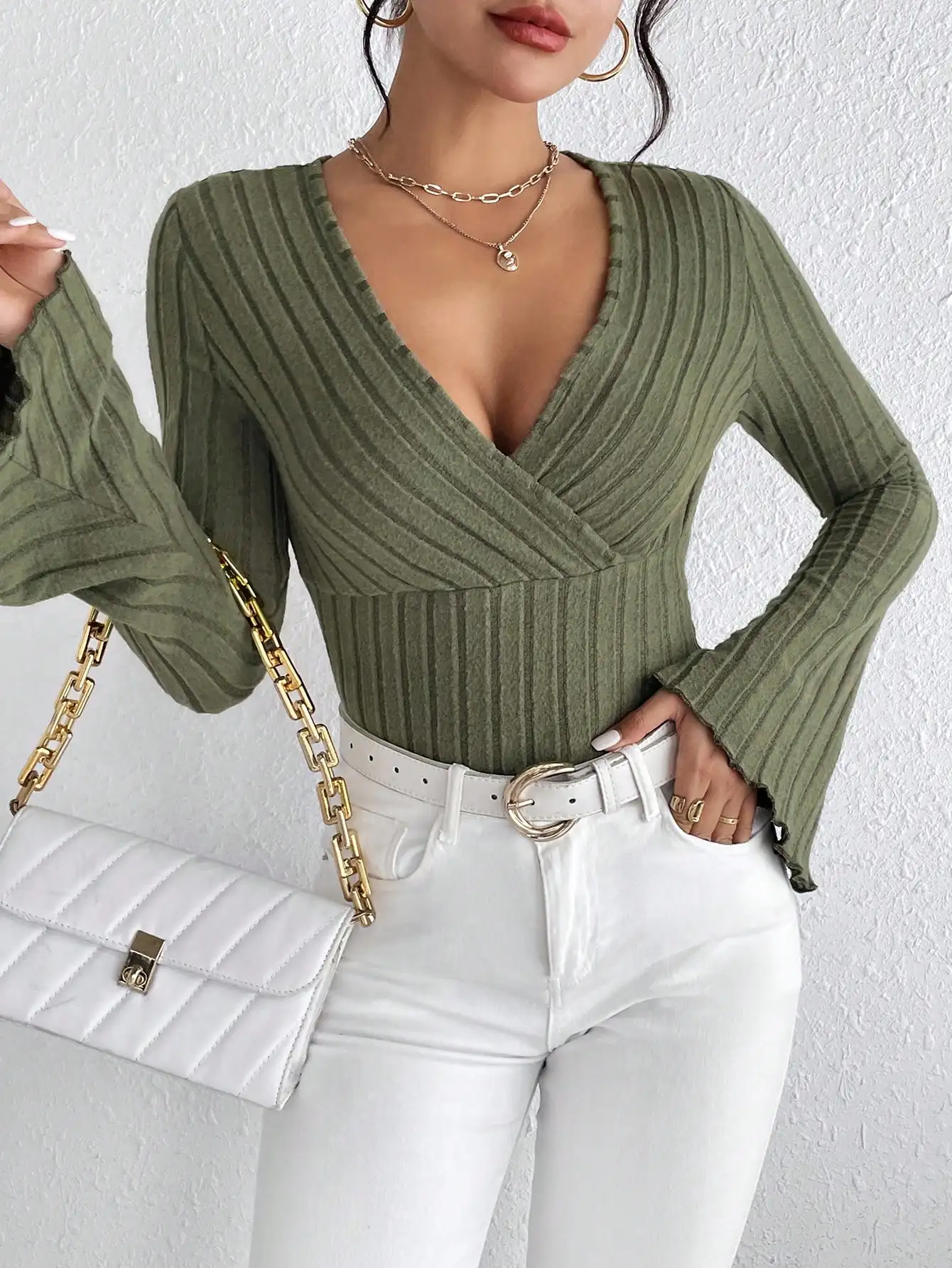 Tops Ajustados A Rayas Con Cuello En V Para Mujer De Manga Larga