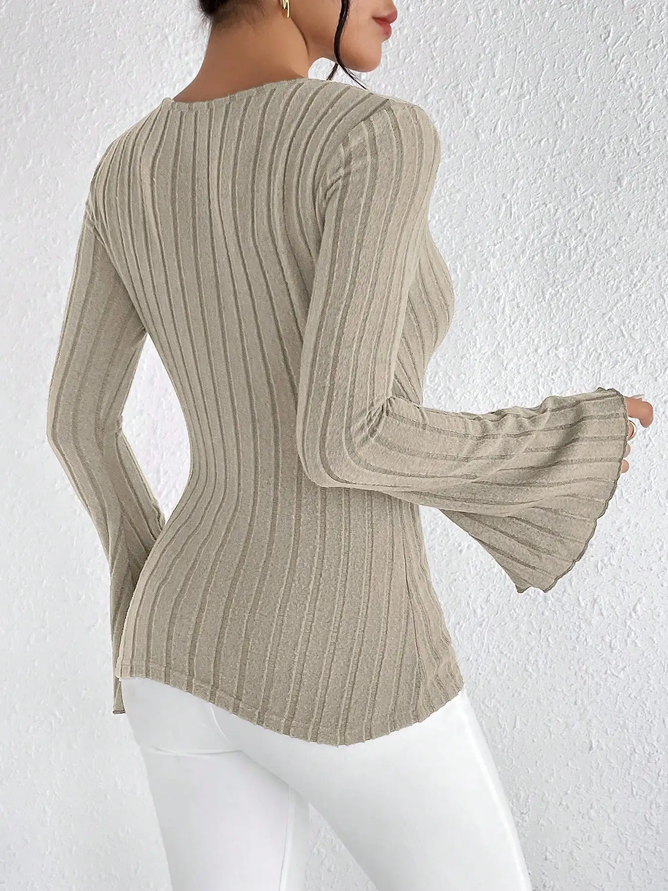 Tops Ajustados A Rayas Con Cuello En V Para Mujer De Manga Larga