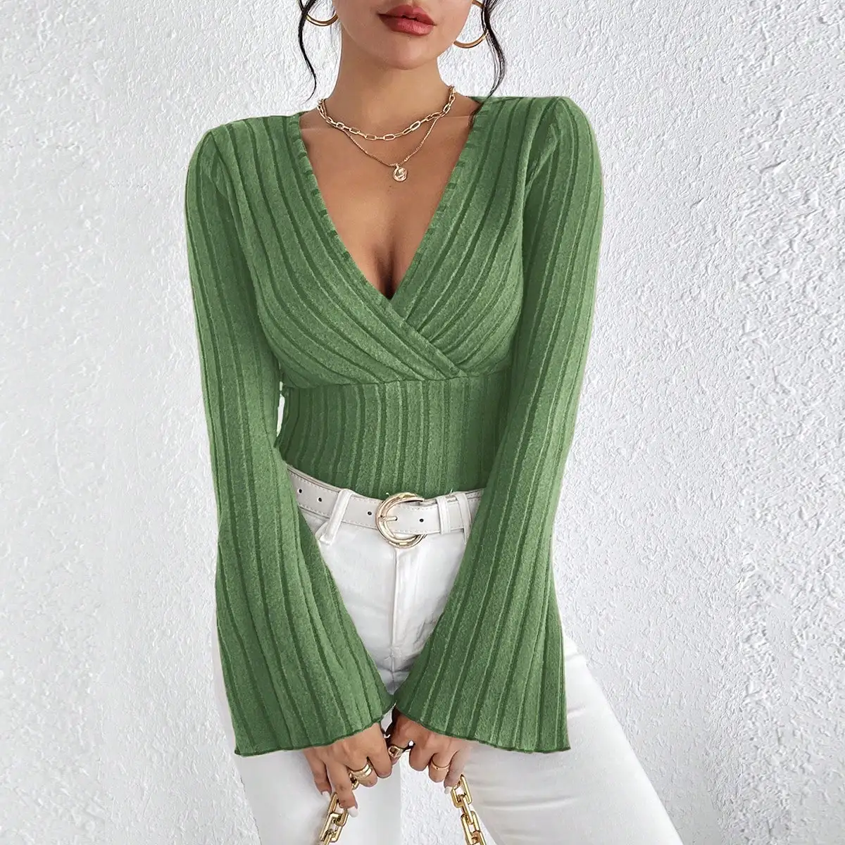 Tops Ajustados A Rayas Con Cuello En V Para Mujer De Manga Larga