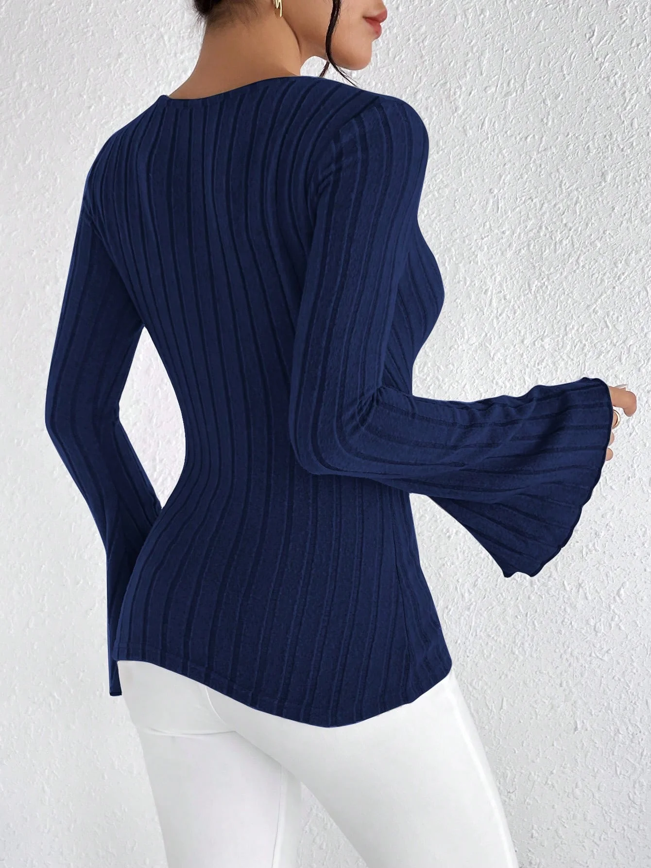 Tops Ajustados A Rayas Con Cuello En V Para Mujer De Manga Larga