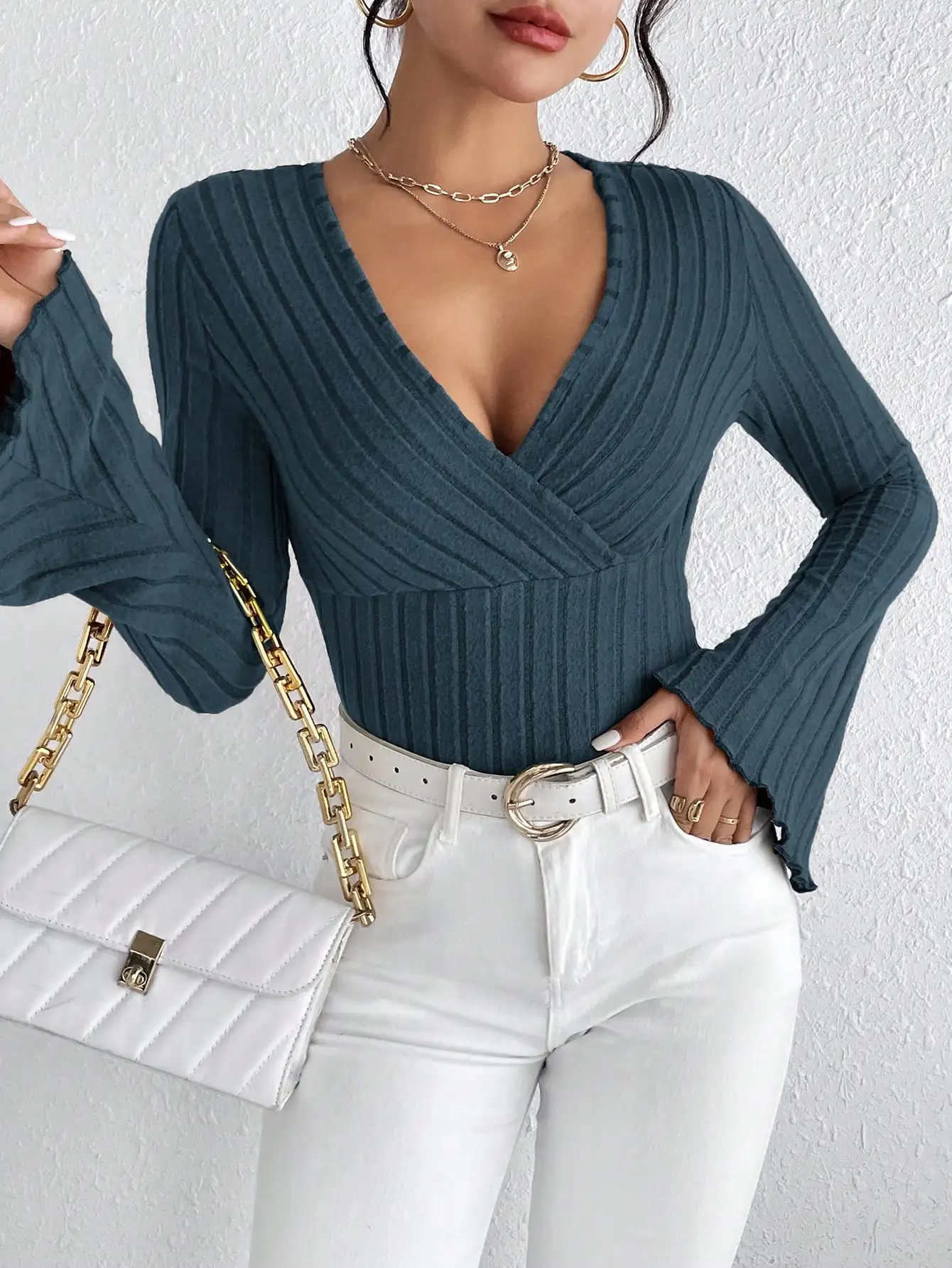 Tops Ajustados A Rayas Con Cuello En V Para Mujer De Manga Larga
